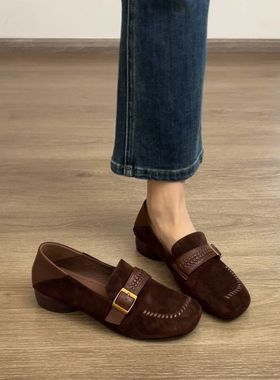 Dannyfrey新款复古风圆头平底乐福鞋女百搭舒适绒面编织一脚蹬鞋