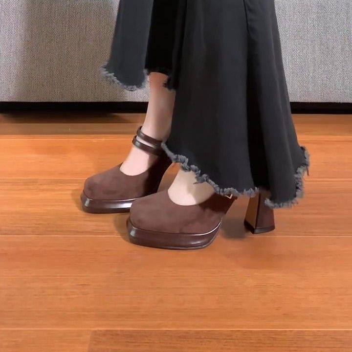 新中式复古玛丽日常珍鞋百搭方头防水高跟鞋一字棕色小个子单鞋女,女鞋,玛丽珍鞋,淘宝优惠券,粉丝福利购,淘宝优惠卷