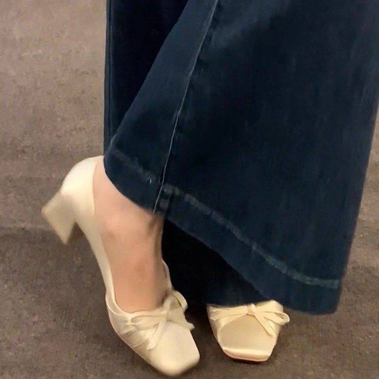 法式温柔粗跟浅口蝴蝶结玛丽珍鞋气质绝美方头缎面鞋女冬季新款,女鞋,高帮鞋,淘宝优惠券,粉丝福利购,淘宝优惠卷