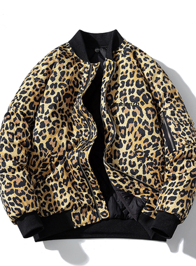 CHINDUM CH秋冬加厚豹纹棒球服外套男女款小众宽松飞行员夹克棉服