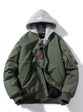 潮牌加厚纯色百搭连帽军绿色棒球服棉服男女情侣装飞行员夹克外套