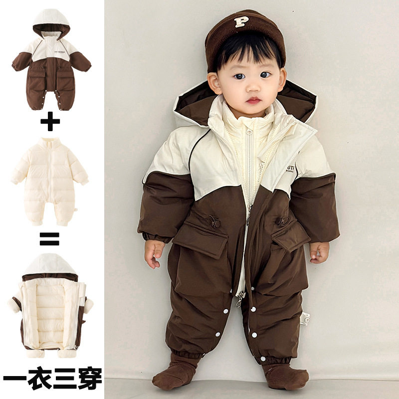 冬季婴儿羽绒服新国标90白鸭绒连体衣加厚新生儿加厚内胆抗寒套装