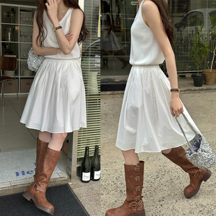 伞裙气质 芭蕾a字白色中款 法式 复古条纹松紧腰五分半身裙女夏韩版