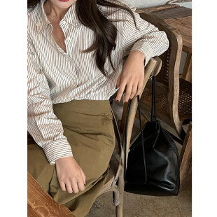 长袖 女春秋宽松慵懒风韩版 上衣气质 复古卡其色竖条纹纯棉衬衫 法式