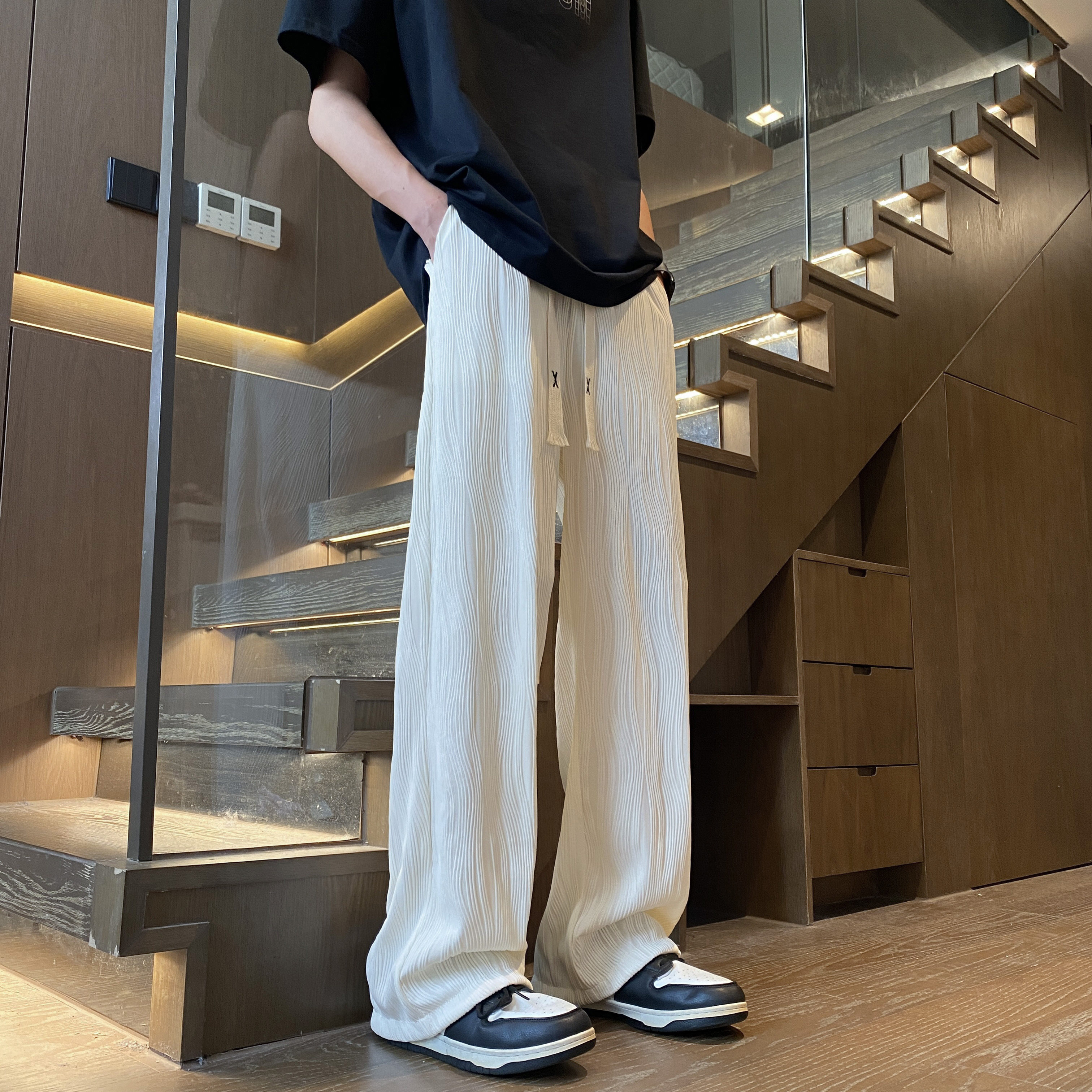 美式白色运动阔腿裤男士春夏2026新款松紧高腰休闲宽松直筒拖地裤,男装,休闲裤,淘宝优惠券,粉丝福利购,淘宝优惠卷