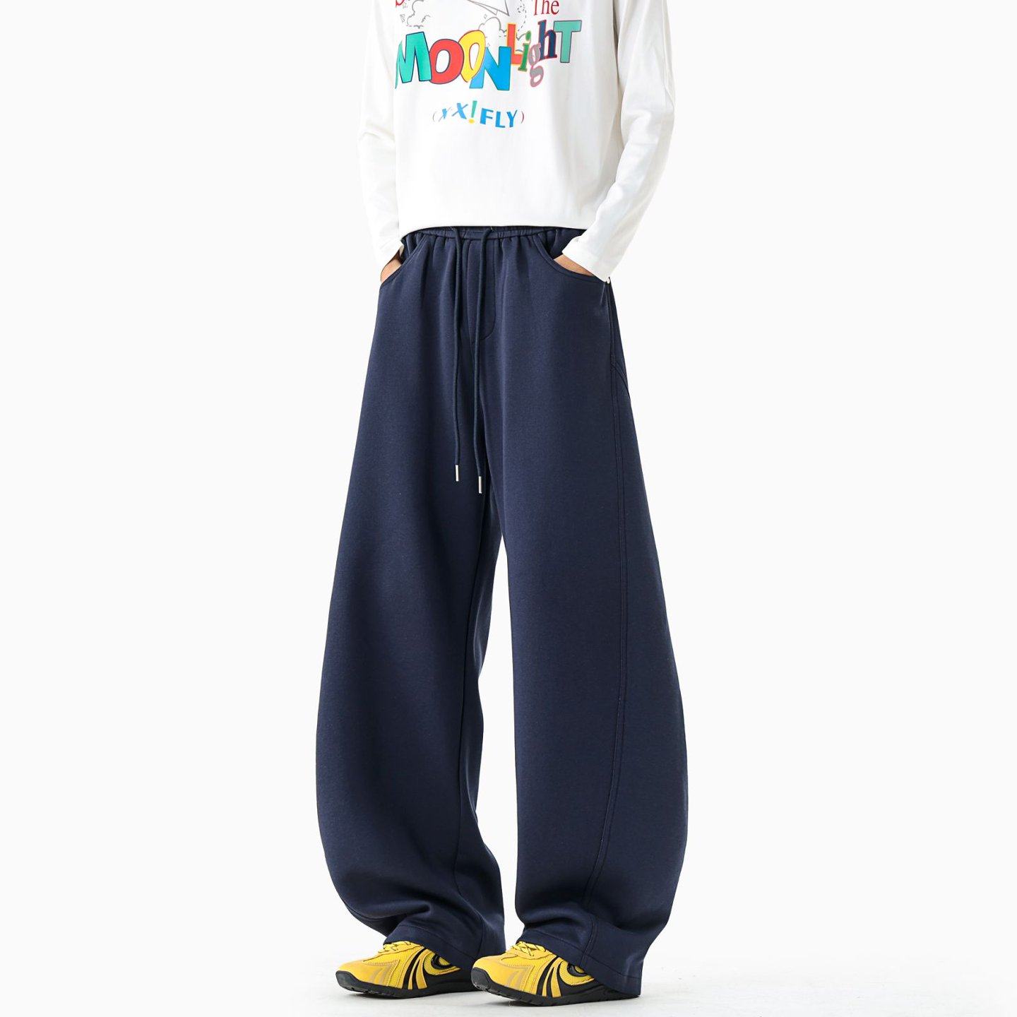 藏青色休闲阔腿裤男士春秋季2026新款裤子高腰宽松垂感拖地弯刀裤,男装,休闲裤,淘宝优惠券,粉丝福利购,淘宝优惠卷