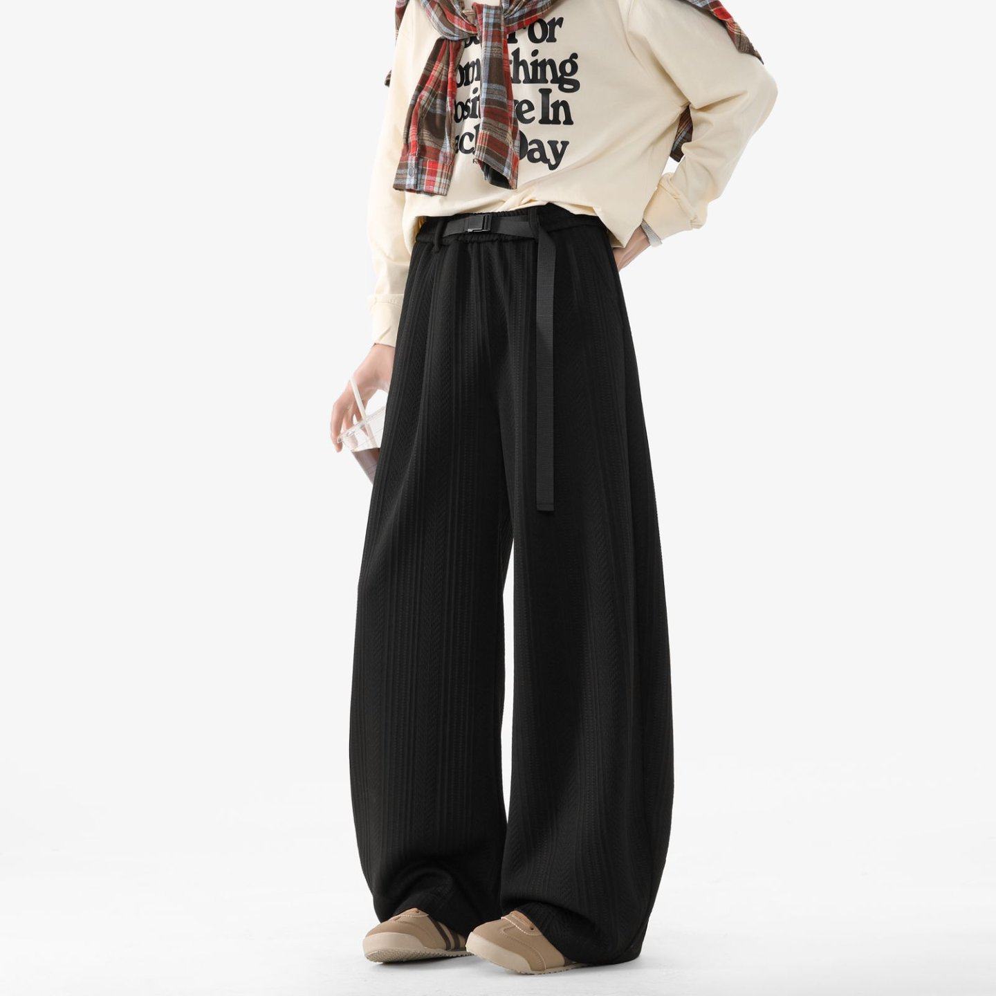 美式黑色纹理感阔腿裤男士春秋季新款裤子高腰休闲宽松拖地弯刀裤,男装,休闲裤,淘宝优惠券,粉丝福利购,淘宝优惠卷