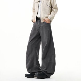 美式灰色弯刀工装裤男士春秋2026新款裤子高腰宽松直筒垂感阔腿裤