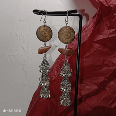 原创设计925银耳钉波西米亚长款流苏耳坠木质耳环复古民族风耳饰