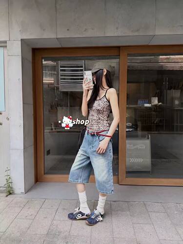 美式复古水洗蓝色牛仔七分裤女夏季新款休闲百搭高腰宽松直筒短裤