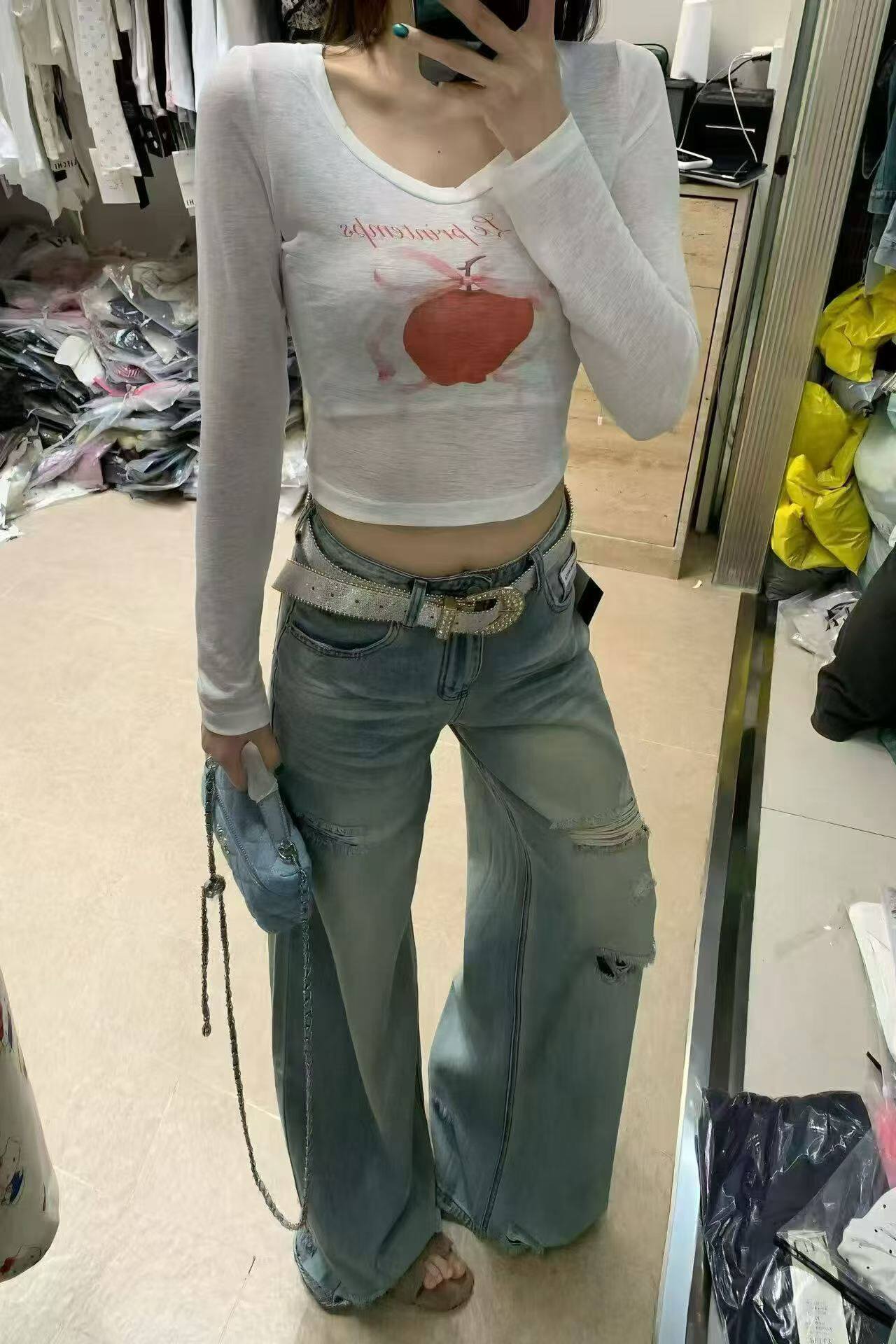 韩版时尚复古休闲破洞高腰直筒牛仔裤女宽松阔腿休闲拖地长裤子潮