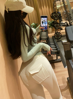 外穿健身裤女蜜桃提臀口袋蜜桃裤普拉提工装专业运动白色瑜伽裤夏