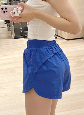 蓝色运动短裤女专业速干宽松跑步防走光高腰瑜伽裤外穿训练健身裤