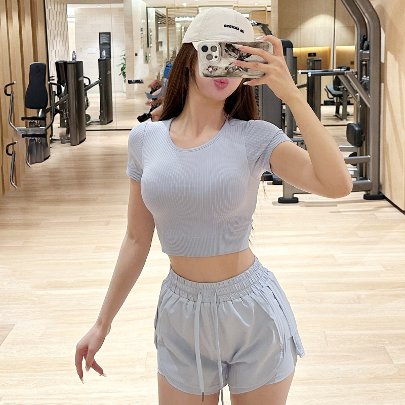蓝色修身训练健身短袖女带胸垫防震运动T恤高级感专业瑜伽服上衣