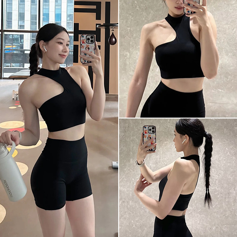 欧美性感黑色健身套装女带胸垫防震运动内衣普拉提训练瑜伽服文胸