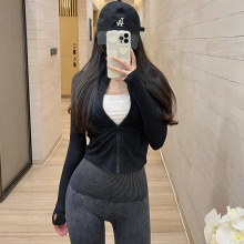 健身运动外套女黑色夏季普拉提紧身跑步套装长袖上衣短款瑜伽服