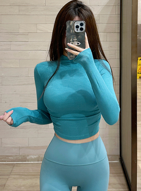 性感绝美健身长袖女紧身运动T恤上衣绿色紧身普拉提瑜伽服秋套装