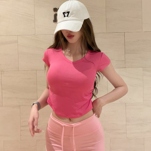 粉色修身专业健身短袖女跑步运动T恤辣妹普拉提训练瑜伽上衣夏季