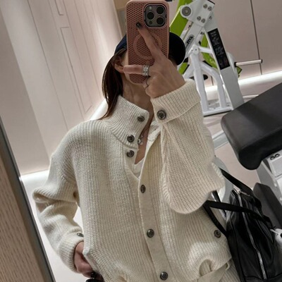 咖色翻领加厚针织毛衣开衫外套女士秋冬高级感韩系ins设计感上衣