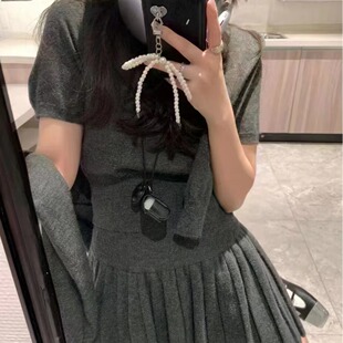 秋季学院风针织套装裙女韩系气质时尚针织开衫+上衣+百褶裙三件套