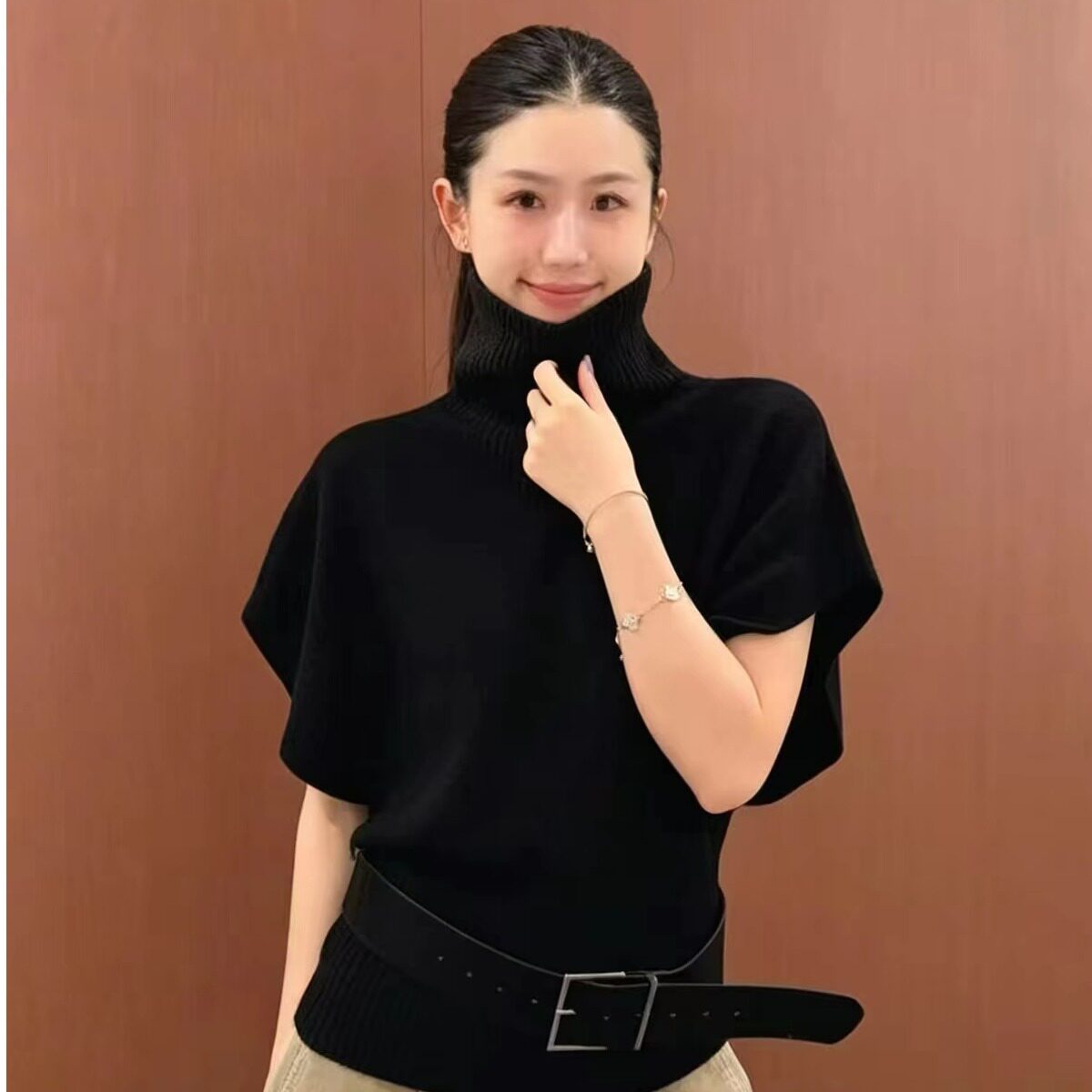 2026秋高领纯色针织衫女背心配腰带休闲显瘦百搭叠穿毛衣上衣