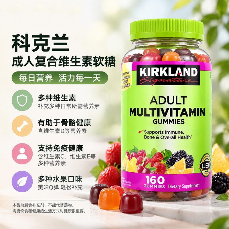 美国Kirkland柯克兰成人复合维生素ABCDE矿物质软糖膳食补充160粒
