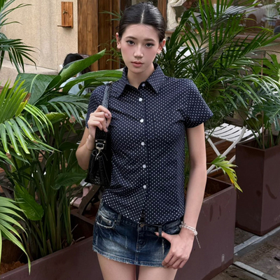 FORUYES官方店 美式复古正肩修身翻领ins收腰显瘦polo领波点衬衫