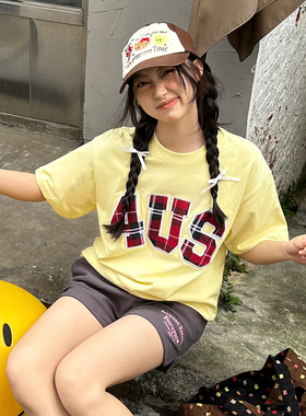 FORUYES官方店 春夏格纹贴布绣国潮牌情侣男女宽松打底衫T恤短袖