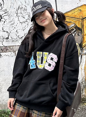 FORUYES官方店 秋冬季贴布绣格纹碎花潮情侣款男女宽松上衣连帽衫