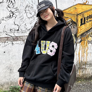 FORUYES官方店 秋冬季 贴布绣格纹碎花潮情侣款 男女宽松上衣连帽衫