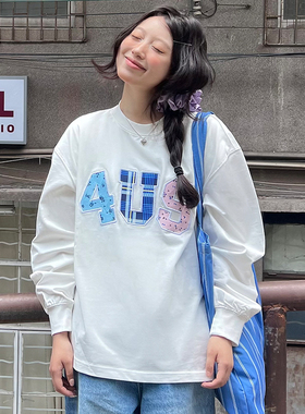 FORUYES官方店 春秋格纹碎花贴布绣潮情侣男女宽松打底衫T恤长袖