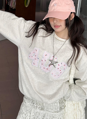 FORUYES官方店 春秋季贴布绣碎花国潮牌情侣男女宽松圆领套头卫衣