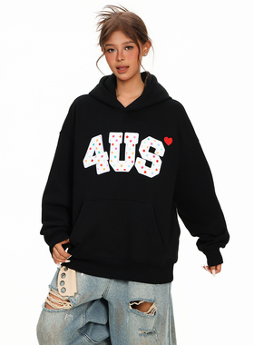 FORUYES官方店 秋冬季彩色爱心波点贴布刺绣情侣款宽松上衣连帽衫