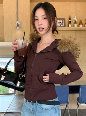 FORUYES官方店 美式复古圆环LOGO毛领拉链卫衣可拆卸显瘦拉链帽衫