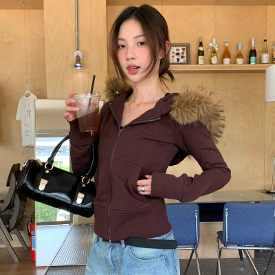 深棕色圆环开衫拉链连帽常规显瘦