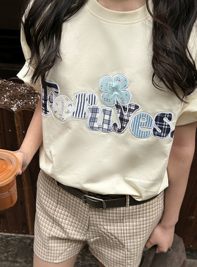 FORUYES官方店 夏季新款格纹碎花贴布绣潮牌情侣男女宽松T恤短袖
