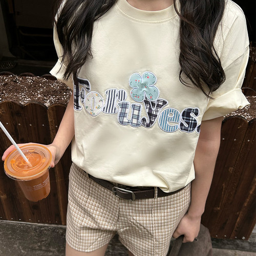 FORUYES官方店 夏季新款格纹碎花贴布绣潮牌情侣男女宽松T恤短袖