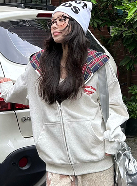 FORUYES官方店 秋冬季格子拼接标语字母情侣宽松拉链帽衫开衫外套