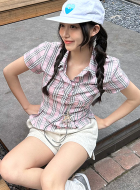 FORUYES官方店 美式复古学院风女ins格纹正肩翻领修身polo领衬衫