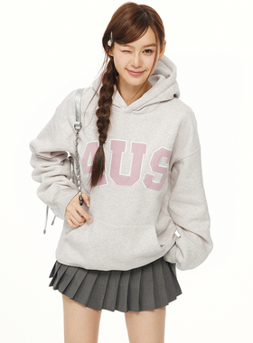 FORUYES官方店 美式复古华夫格字母logo冬加绒潮宽松情侣卫衣帽衫