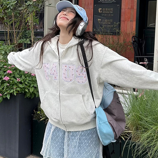 FORUYES官方店 外套 秋冬季 贴布绣碎花国潮牌情侣男女宽松拉链帽衫