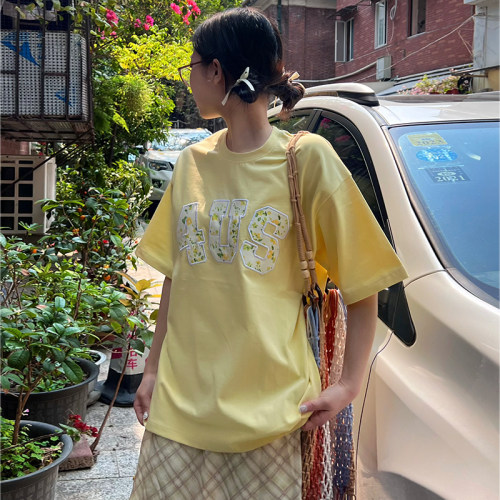 FORUYES官方店 春夏贴布绣碎花字母国潮情侣男女宽松T恤花卉短袖