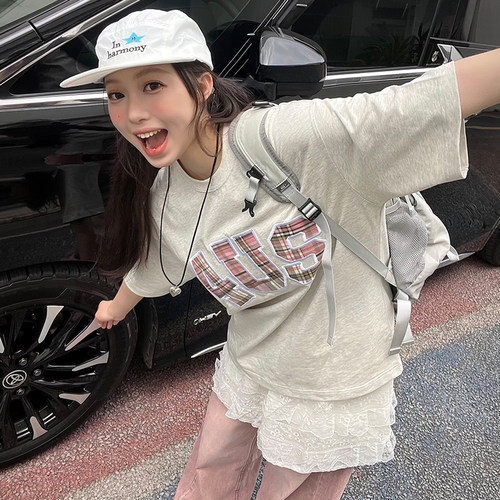 FORUYES短袖贴布绣格纹情侣男女