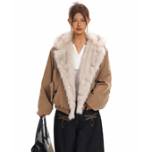 FORUYES官方店 美式 复古座山雕毛领夹棉情侣加厚保暖棉服外套棉袄