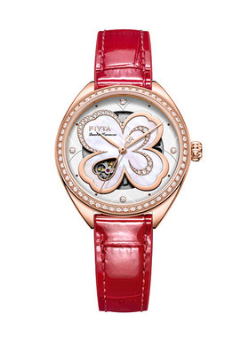 新品飞亚达四叶草女手表自动机械表时尚红色皮带表LA862031.PWRD