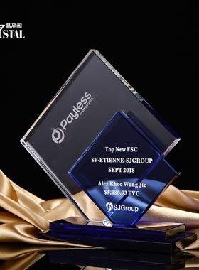 新款蓝色水晶奖杯奖牌异形定制奖品颁奖比赛礼品优秀代理授权牌