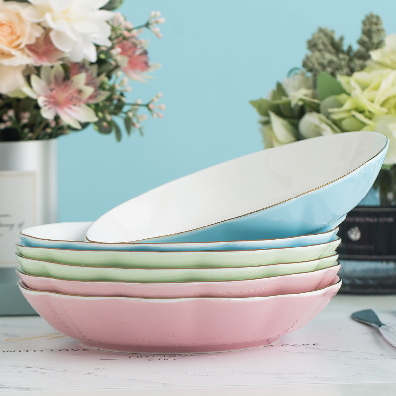 嘉兰陶瓷盘子家用深菜盘创意可爱彩色釉网红盘子水果西餐炒菜碟子