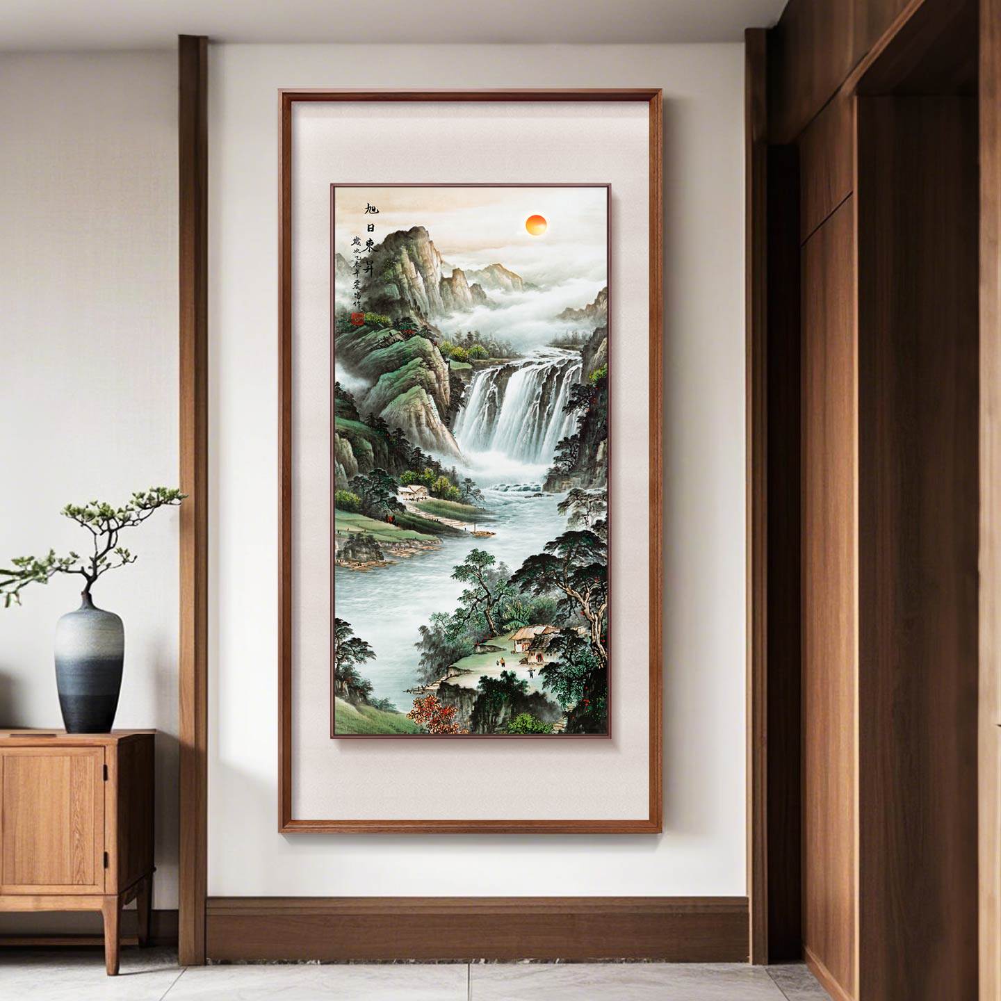 新款旭日东升玄关挂画山水画靠山图新中式东墙入户正对门装饰壁画