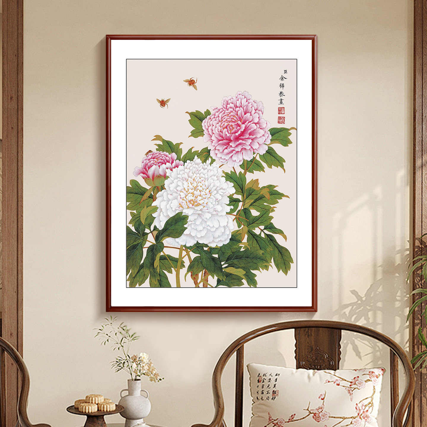新款牡丹图花开富贵装饰画高级感余樨花鸟墙画牡丹花挂画饭厅壁画