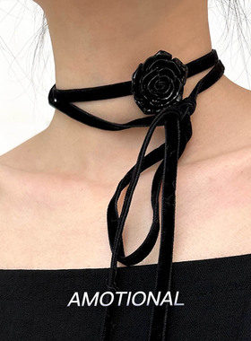Amotional玫瑰花choker树脂黑色复古丝绒双面绑绳花朵暗黑百搭